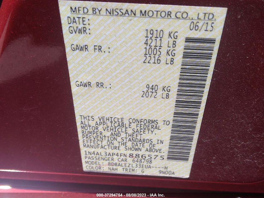 2015 NISSAN ALTIMA 2.5 S - 1N4AL3AP4FN886575