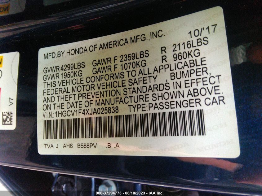 2018 HONDA ACCORD SEDAN EX 1.5T - 1HGCV1F4XJA025838