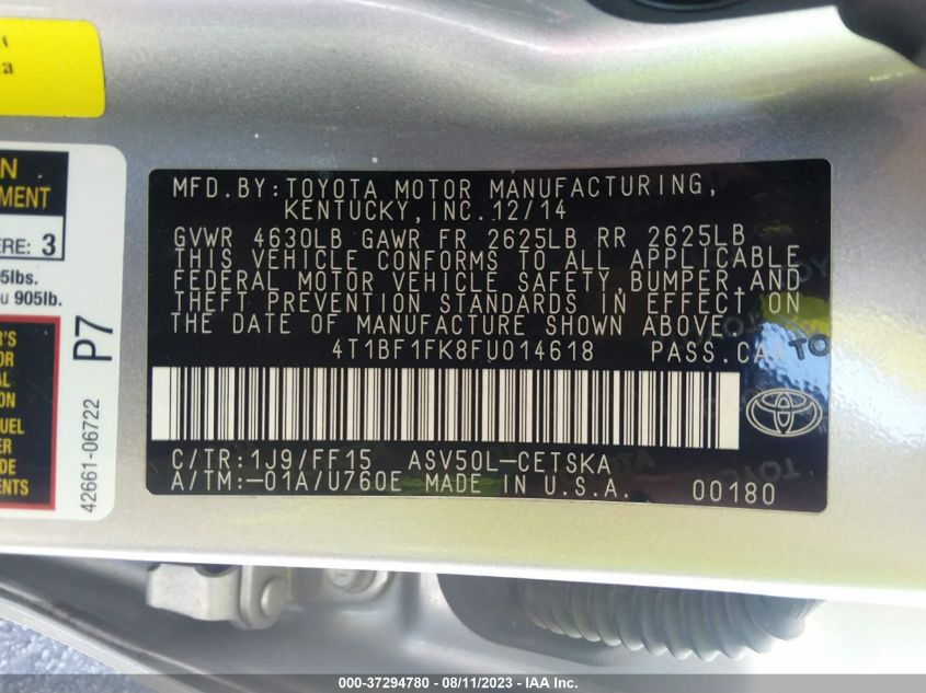 2015 TOYOTA CAMRY XLE/SE/LE/XSE - 4T1BF1FK8FU014618