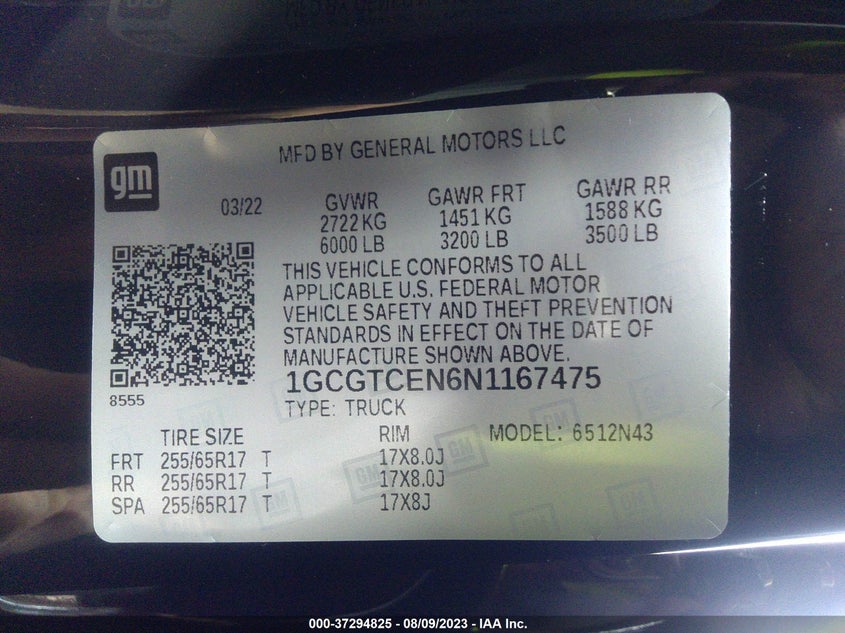 VIN 1GCGTCEN6N1167475 2022 CHEVROLET COLORADO LT