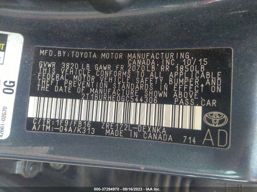 2016 TOYOTA COROLLA L/LE/LE PLS/PRM/S/S PLS - 2T1BURHE0GC544306