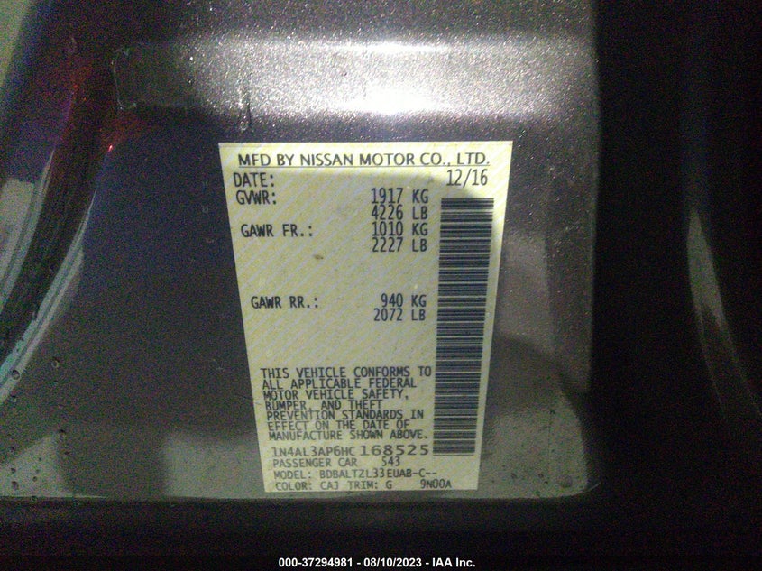 VIN 1N4AL3AP6HC168525 2017 NISSAN ALTIMA 2.5 SL