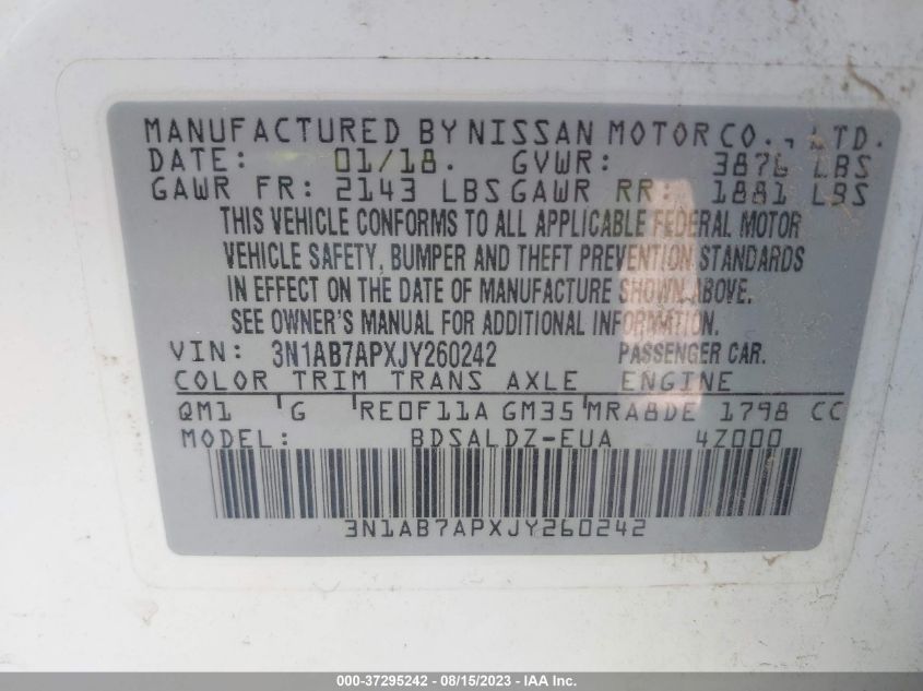2018 NISSAN SENTRA SV - 3N1AB7APXJY260242