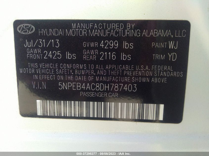 2013 HYUNDAI SONATA GLS PZEV - 5NPEB4AC8DH787403