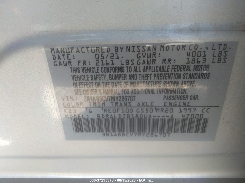 VIN 3N1AB8CV7MY286707 2021 NISSAN SENTRA SV