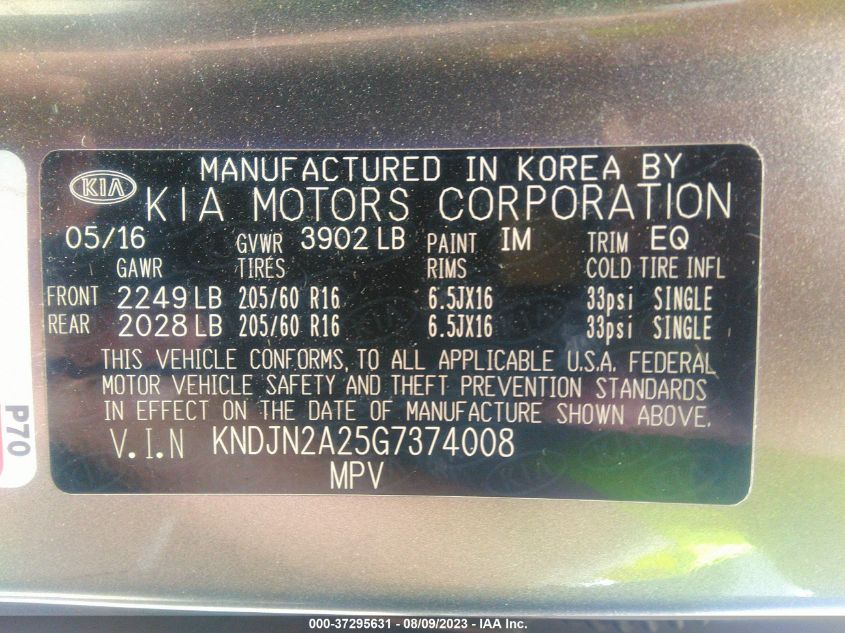 2016 KIA SOUL BASE - KNDJN2A25G7374008