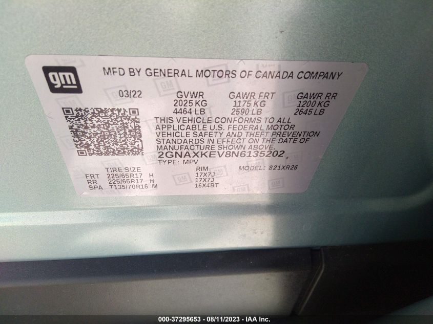 2022 CHEVROLET EQUINOX LT - 2GNAXKEV8N6135202