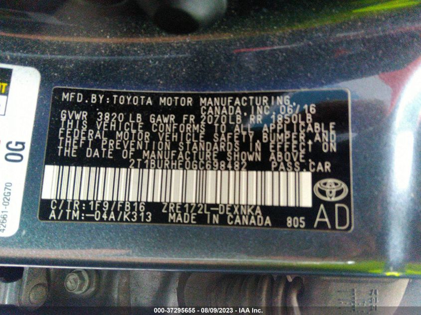 2016 TOYOTA COROLLA L/LE/S/S PLUS/LE PLUS - 2T1BURHE0GC698482