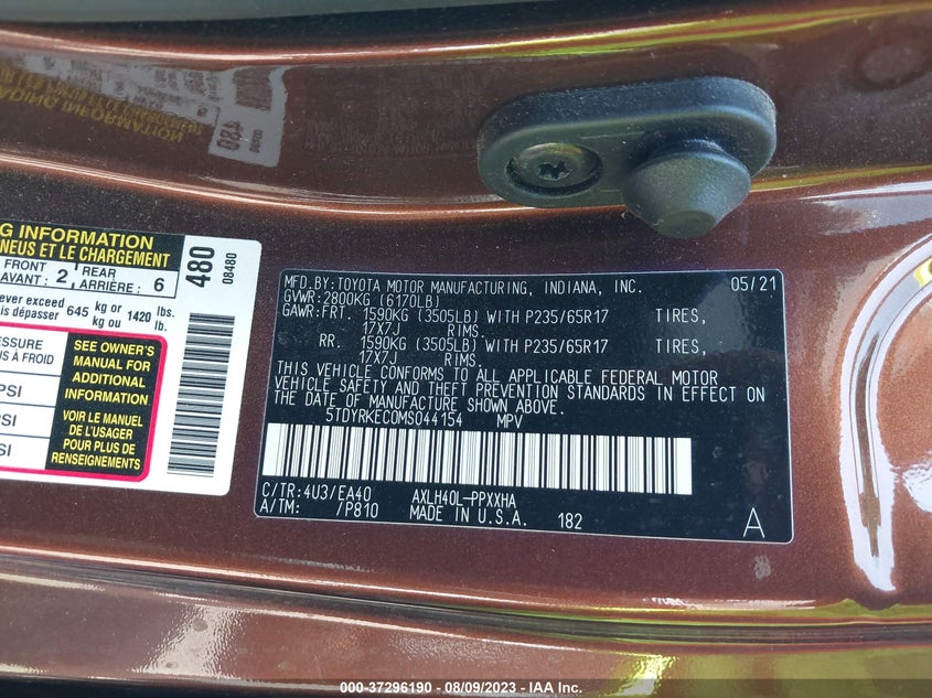 VIN 5TDYRKEC0MS044154 2021 TOYOTA SIENNA XLE