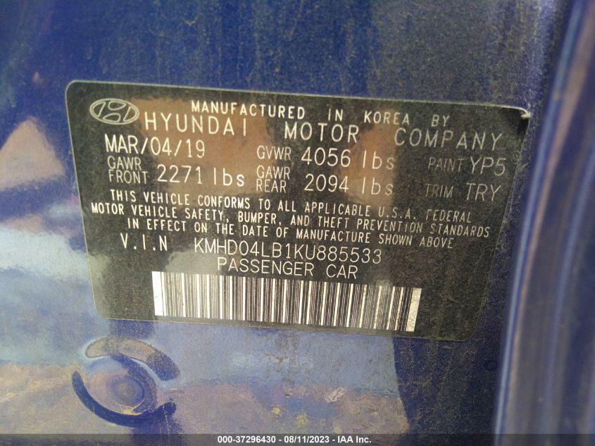 2019 HYUNDAI ELANTRA SPORT - KMHD04LB1KU885533