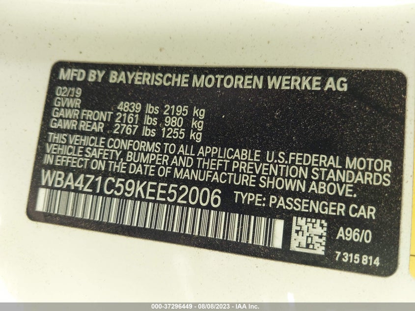VIN WBA4Z1C59KEE52006 2019 BMW 4 SERIES 430I