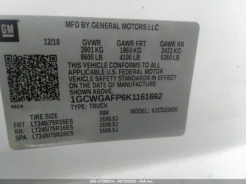 VIN 1GCWGAFP6K1161692 2019 CHEVROLET EXPRESS CARGO VAN