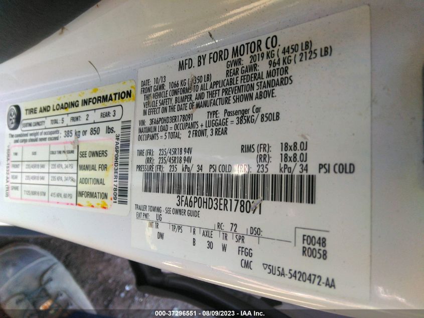 2014 FORD FUSION SE - 3FA6P0HD3ER178091