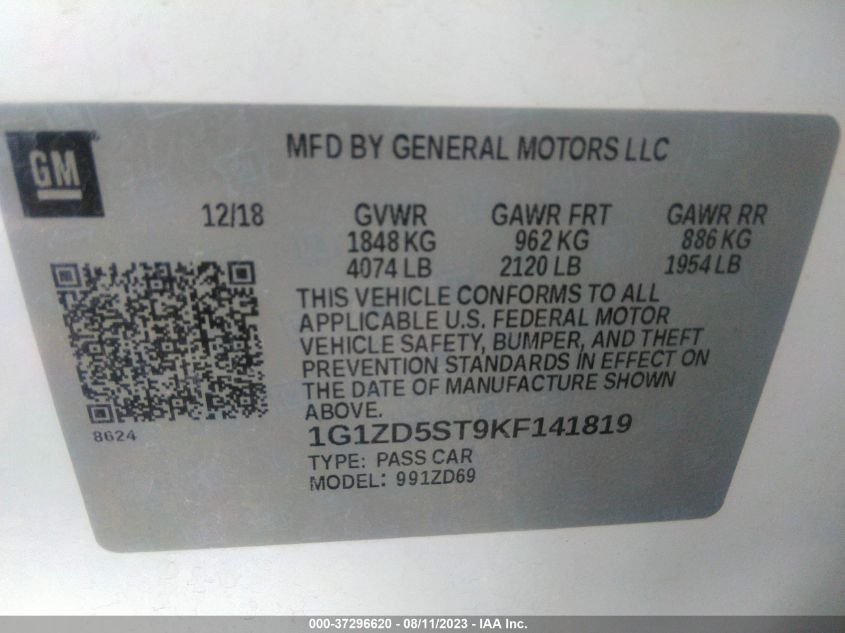 2019 CHEVROLET MALIBU LT - 1G1ZD5ST9KF141819