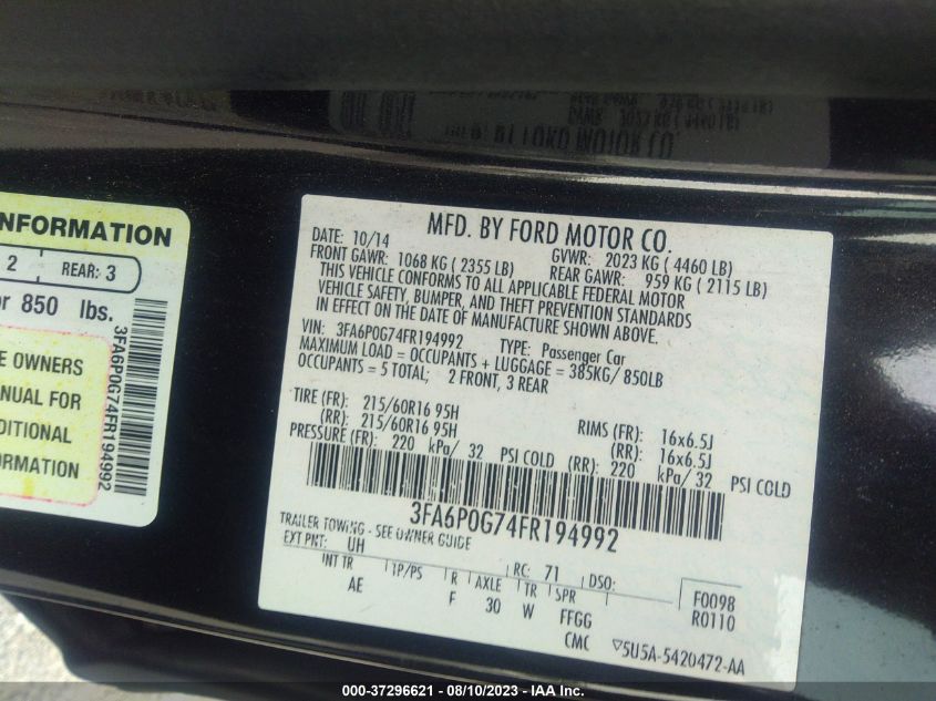 2015 FORD FUSION S - 3FA6P0G74FR194992