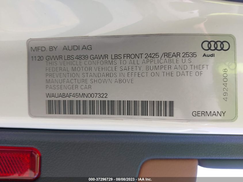 2021 AUDI A4 SEDAN PREMIUM - WAUABAF45MN007322