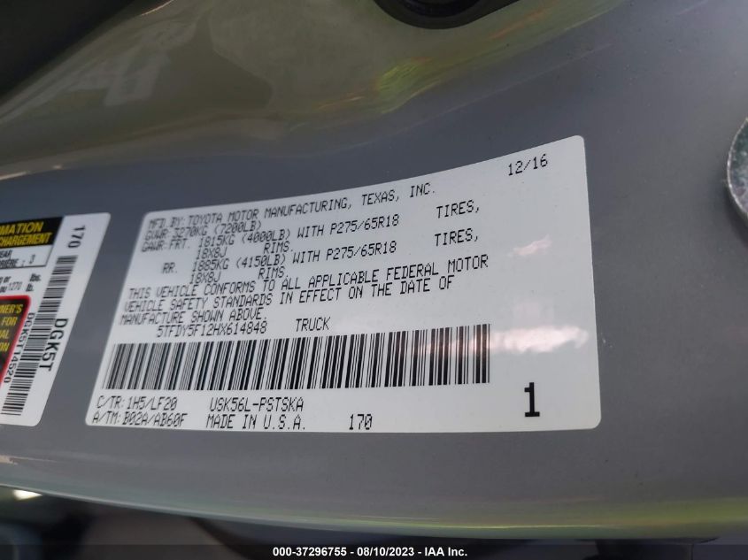 2017 TOYOTA TUNDRA 4WD SR5/TRD PRO - 5TFDY5F12HX614848