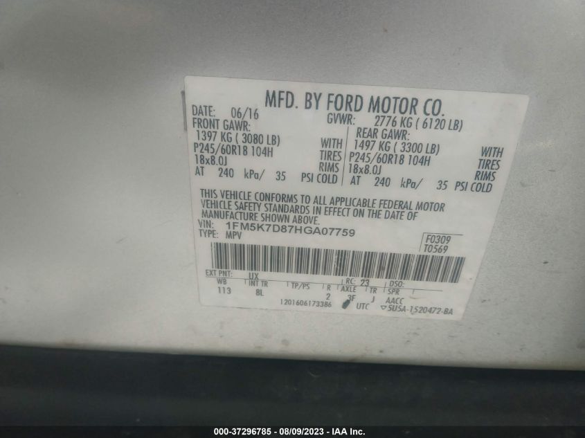 2017 FORD EXPLORER XLT - 1FM5K7D87HGA07759