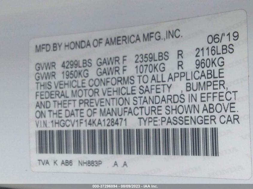 2019 HONDA ACCORD SEDAN LX 1.5T - 1HGCV1F14KA128471