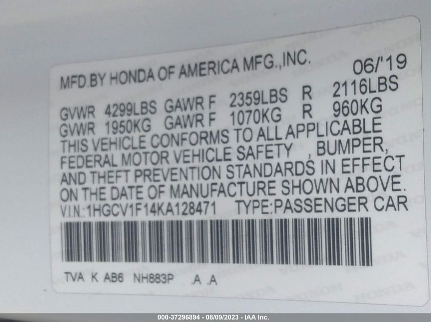 1HGCV1F14KA128471 Honda Accord LX 9