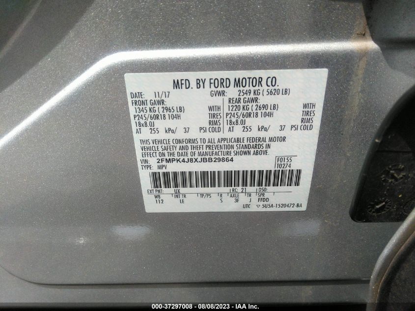 2FMPK4J8XJBB29864 2018 FORD EDGE, photo no. 9