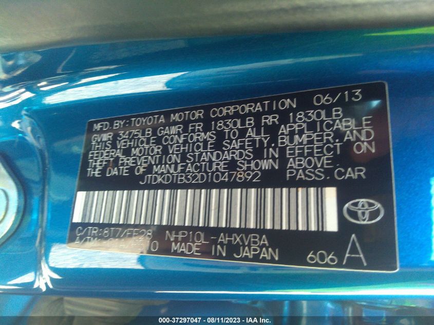 2013 TOYOTA PRIUS C ONE/TWO/THREE/FOUR - JTDKDTB32D1047892