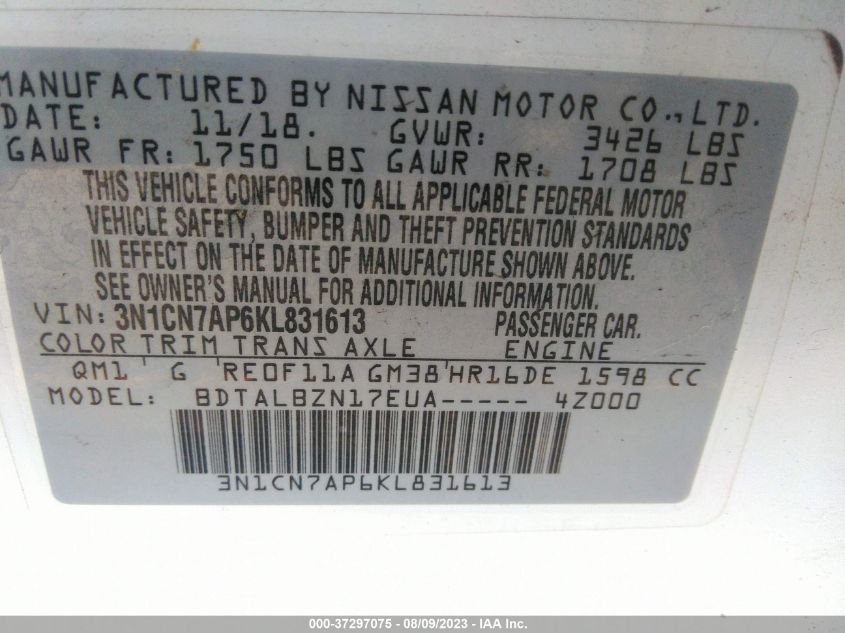 2019 NISSAN VERSA SEDAN SV - 3N1CN7AP6KL831613