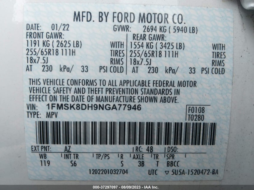 VIN 1FMSK8DH9NGA77946 2022 FORD EXPLORER XLT