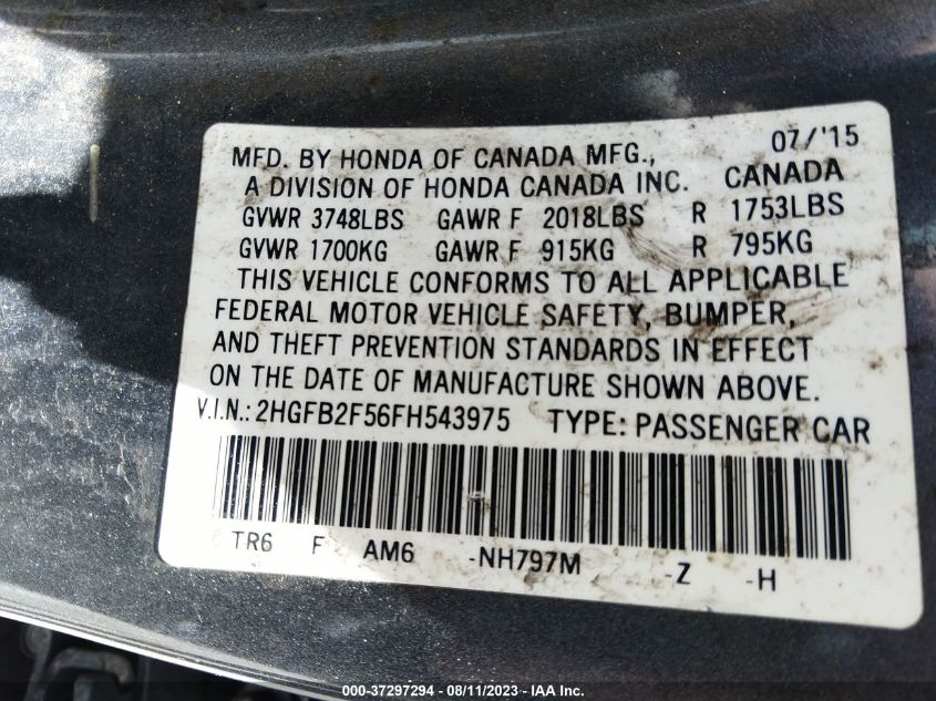 2015 HONDA CIVIC SEDAN LX - 2HGFB2F56FH543975