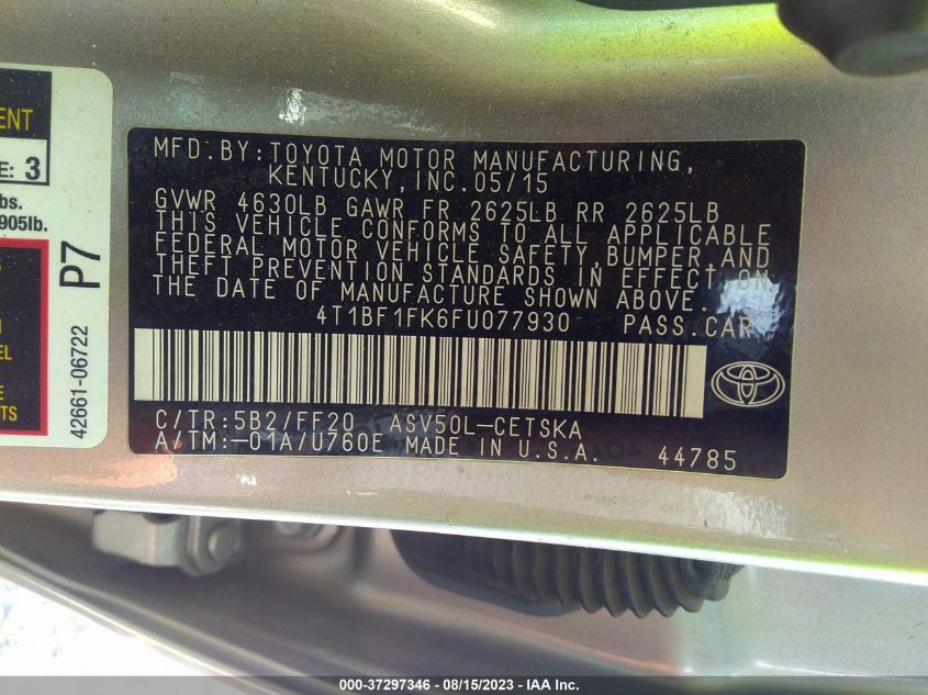 2015 TOYOTA CAMRY XLE/SE/LE/XSE - 4T1BF1FK6FU077930