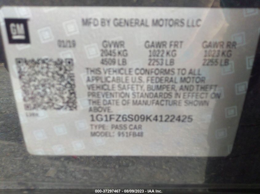 2019 CHEVROLET BOLT EV PREMIER - 1G1FZ6S09K4122425