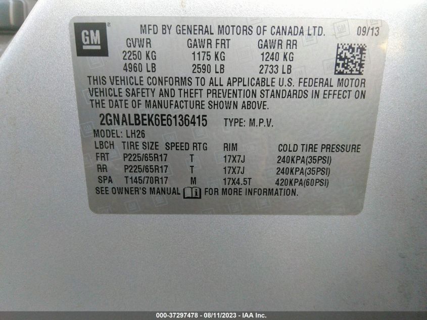 2014 CHEVROLET EQUINOX LT - 2GNALBEK6E6136415