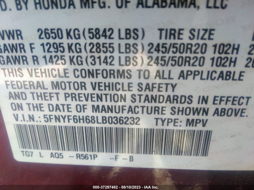 2020 HONDA PILOT TOURING 7-PASSENGER - 5FNYF6H68LB036232