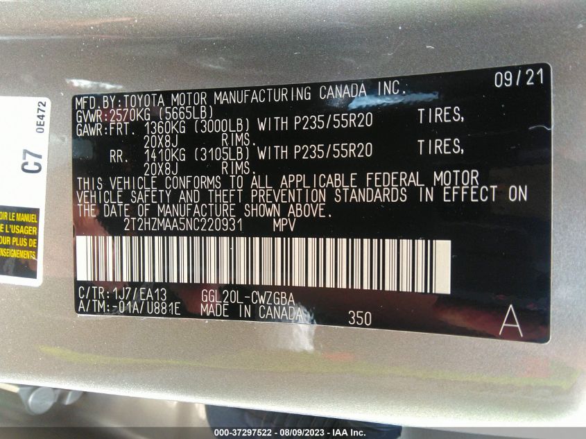 2022 LEXUS RX RX 350 - 2T2HZMAA5NC220931