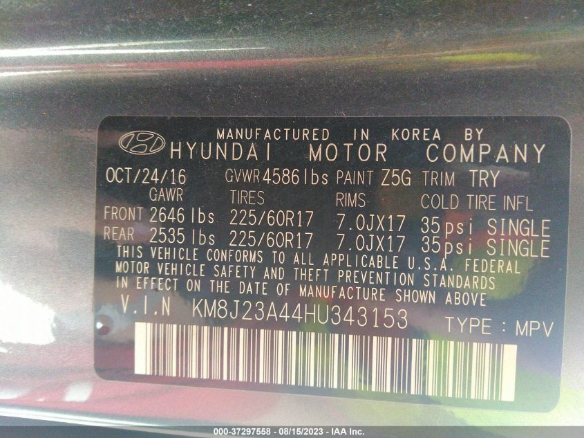 2017 HYUNDAI TUCSON SE - KM8J23A44HU343153