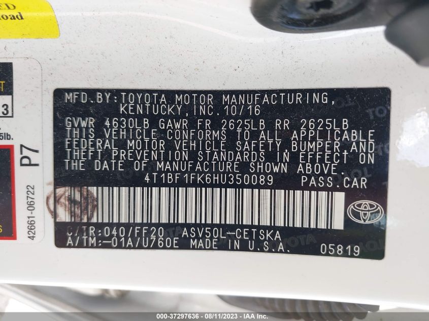 2017 TOYOTA CAMRY XLE/SE/LE/XSE - 4T1BF1FK6HU350089
