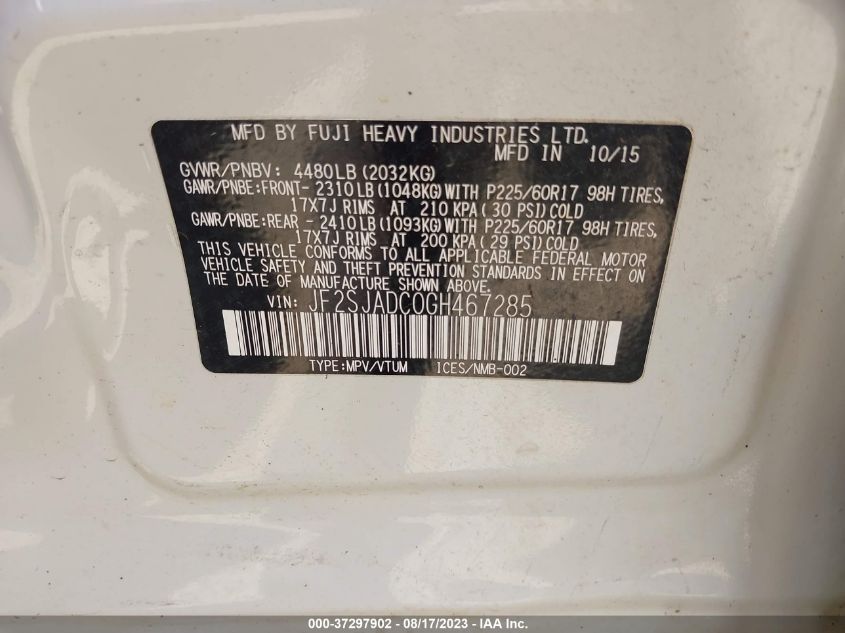 2016 SUBARU FORESTER 2.5I PREMIUM - JF2SJADC0GH467285