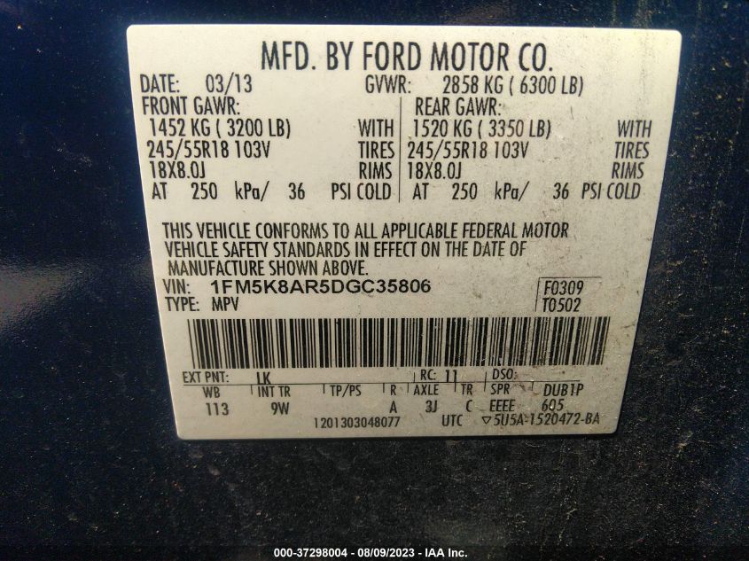2013 FORD UTILITY POLICE 1FM5K8AR5DGC35806