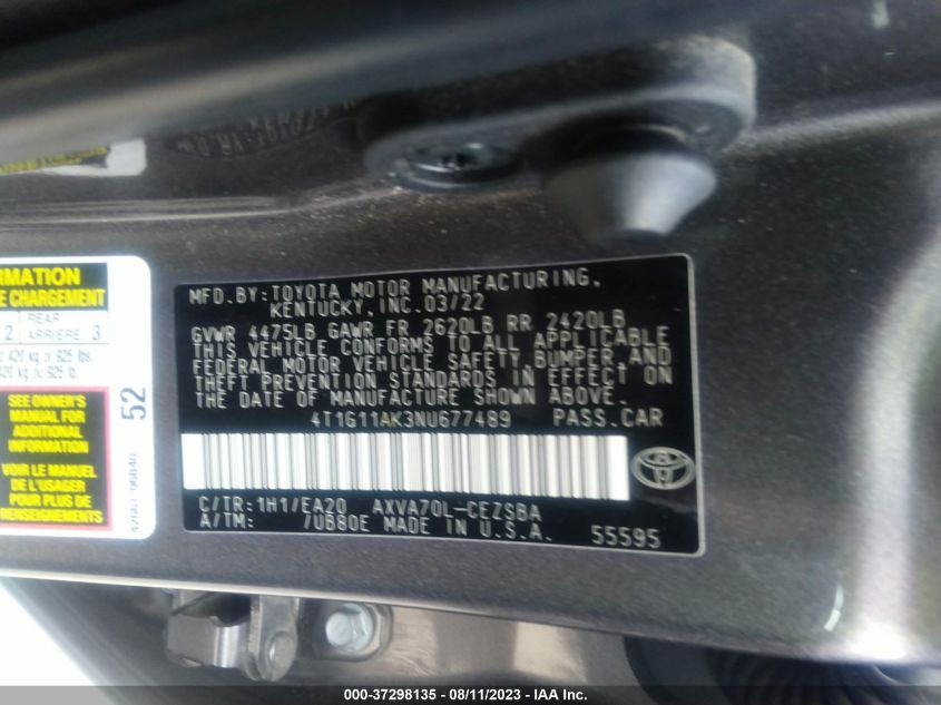 2022 TOYOTA CAMRY SE - 4T1G11AK3NU677489