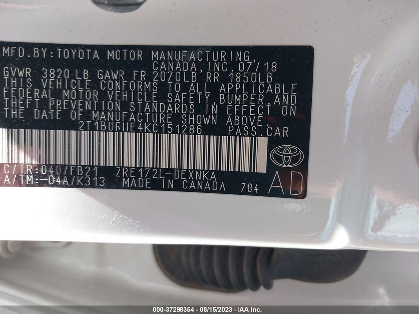 VIN 2T1BURHE4KC151286 2019 TOYOTA COROLLA L/LE/XLE/SE/XSE