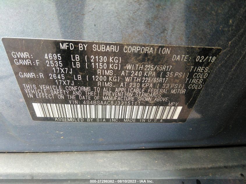 2018 SUBARU OUTBACK - 4S4BSAAC8J3315111