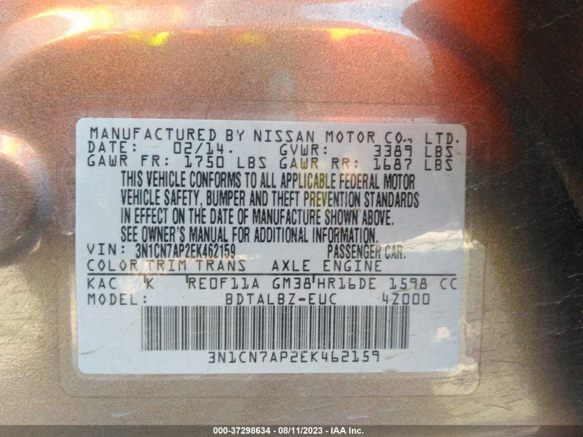 2014 NISSAN VERSA SV - 3N1CN7AP2EK462159