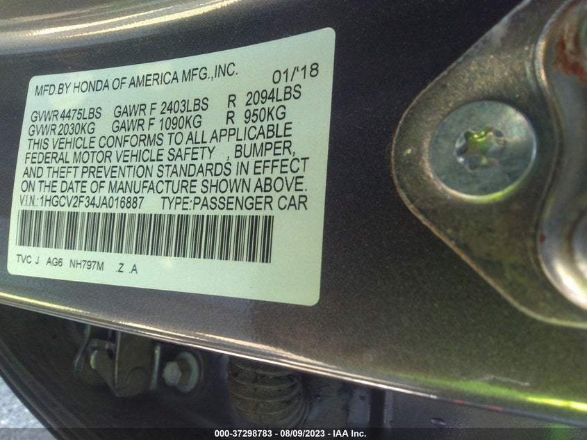 VIN 1HGCV2F34JA016887 2018 HONDA ACCORD SEDAN SPORT 2.0T