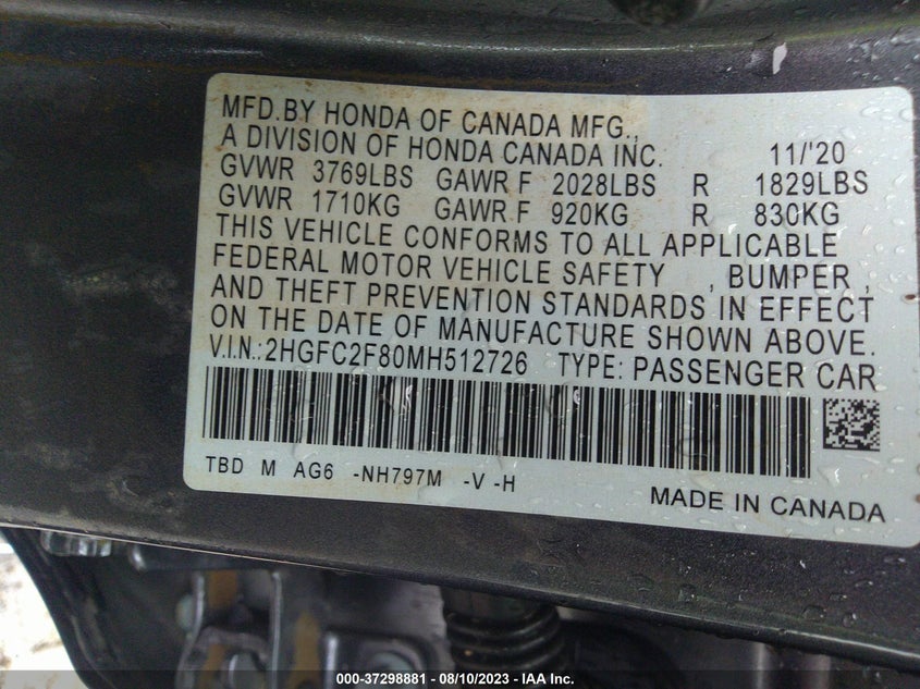 VIN 2HGFC2F80MH512726 2021 HONDA CIVIC SEDAN SPORT