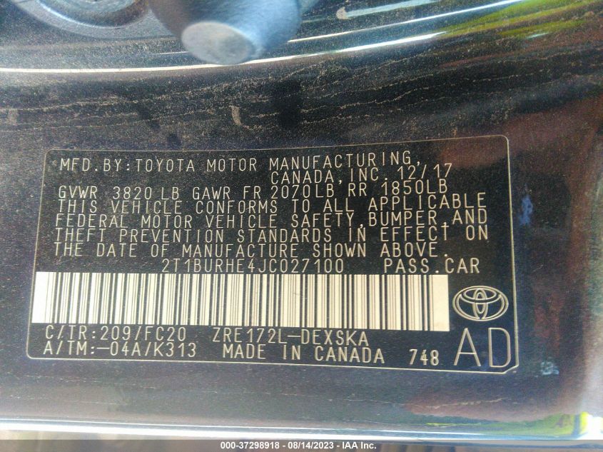 2018 TOYOTA COROLLA L/LE/XLE/SE/XSE - 2T1BURHE4JC027100