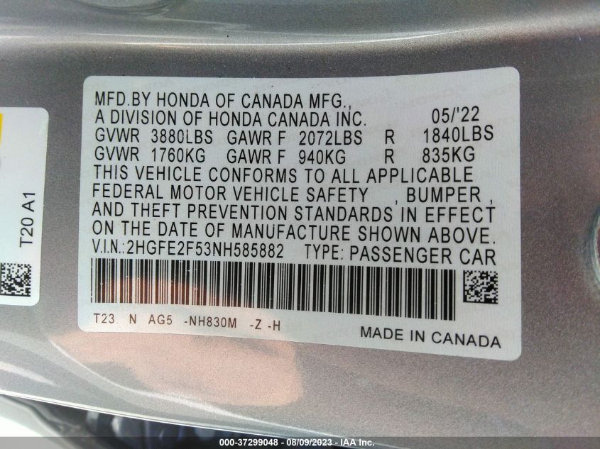 2022 HONDA CIVIC SEDAN SPORT - 2HGFE2F53NH585882