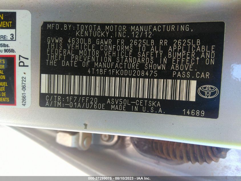 2013 TOYOTA CAMRY L/LE/SE/XLE - 4T1BF1FK0DU208475