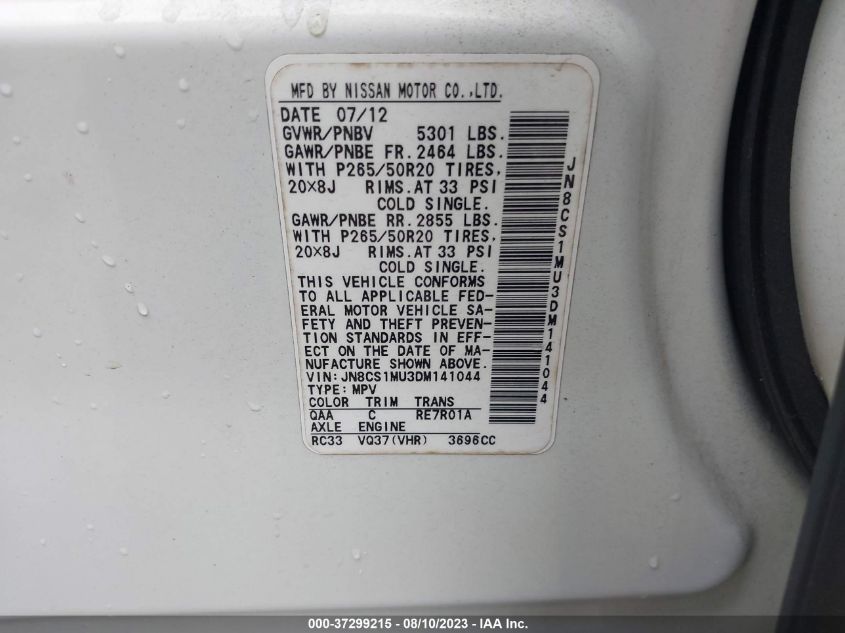 2013 INFINITI FX37 JN8CS1MU3DM141044
