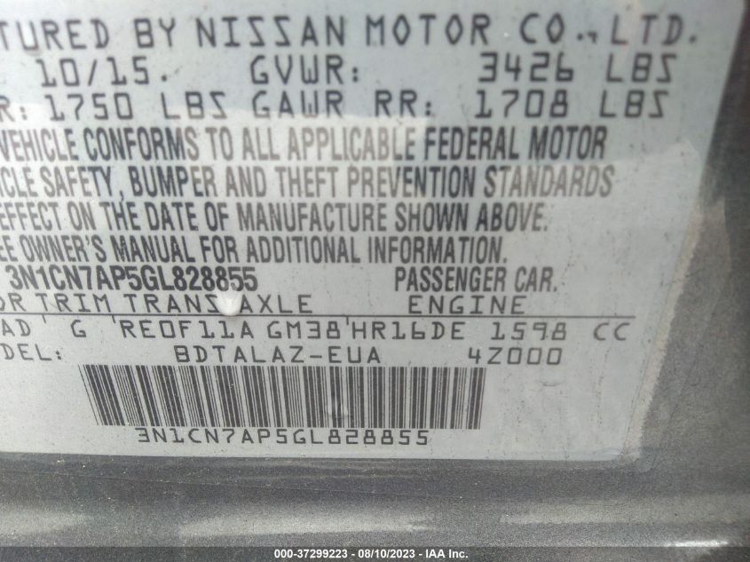 2016 NISSAN VERSA S/S PLUS/SV/SL - 3N1CN7AP5GL828855