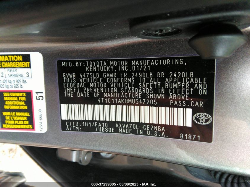 2021 TOYOTA CAMRY LE - 4T1C11AK8MU547205